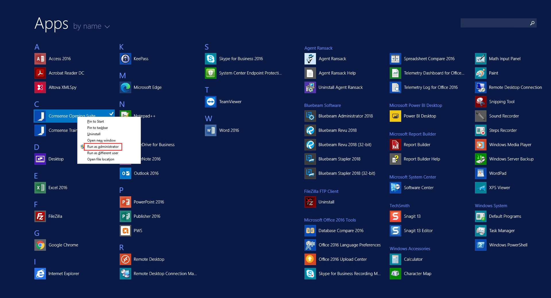Windows 10 start menu; Shows the pathway to Run as administrator.