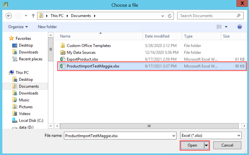 File Explorer window; shows the selected excel file and the location of Open.