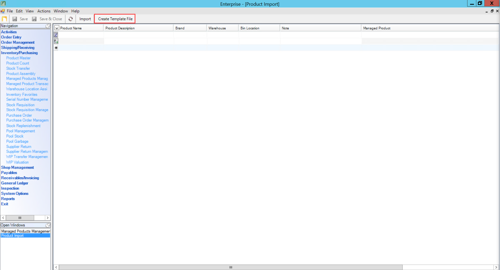 Product Import window; shows the location of Create Template File.
