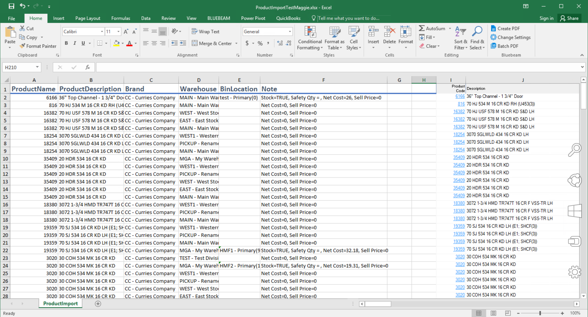 Excel sheet; shows the product data in the template columns.