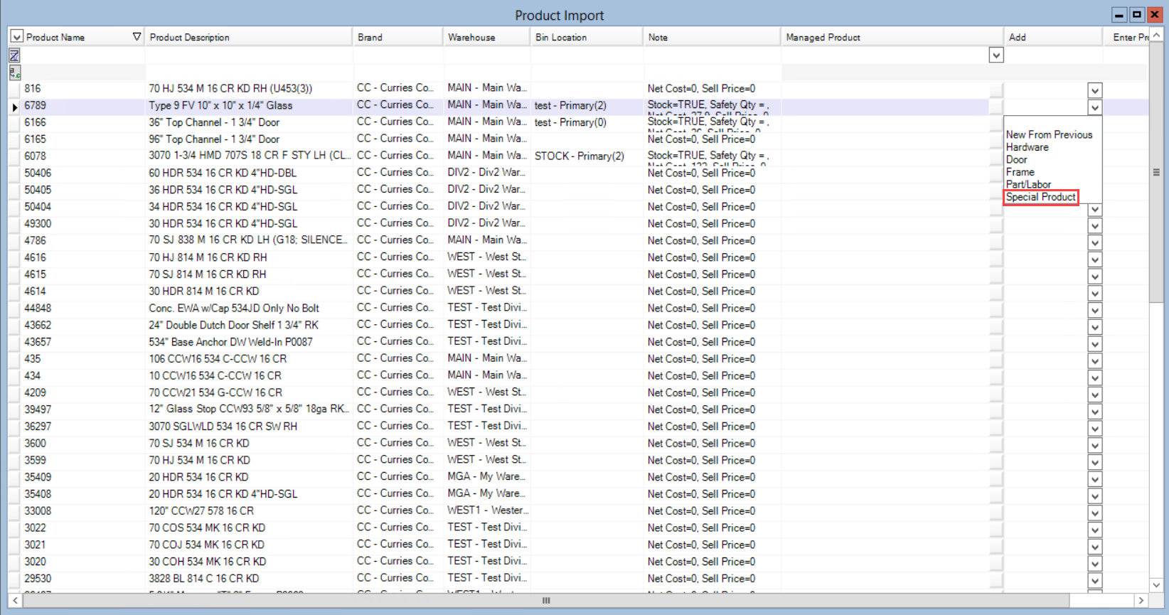 Product Import window; shows the Add column drop-down list.