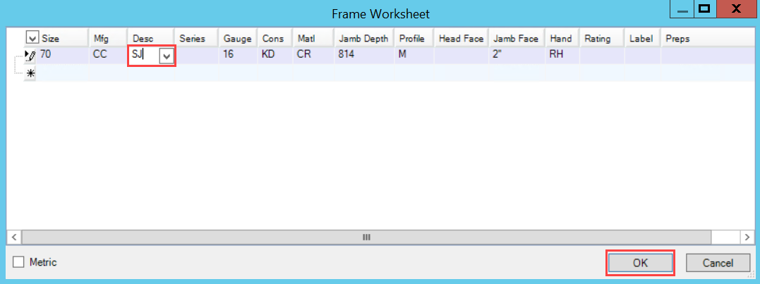 Frame Worksheet window; shows an updated description and the location of the OK button.