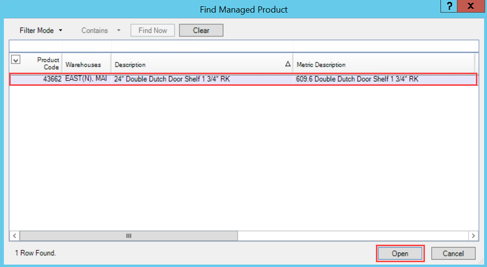 Find Managed Product window; shows the selected product and the location of the Open button.