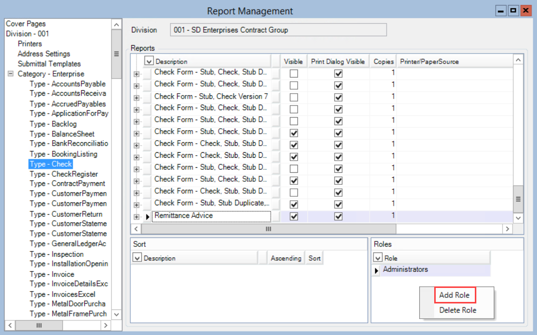 Report Management window; shows the Roles pane right-click menu and the location of Add role.