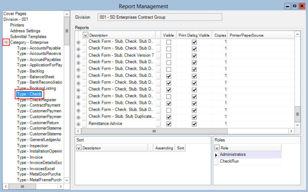 Report Management window; shows the location of Category - Enterprise and Type - Check.