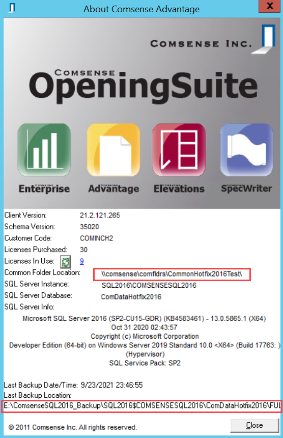 About Comsense Advantage window; shows the Common Folder location and the Backup Location.