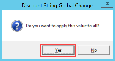 Discount String Global Change dialog box; shows the location of Yes.