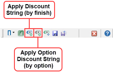 Discounts window toolbar; shows the location of the Apply Discount String button and the Apply Option Discount String button.