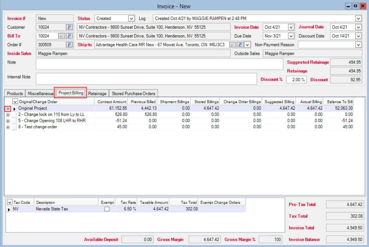 Invoicing window; shows the location of the Project Billing tab and the Expand button.