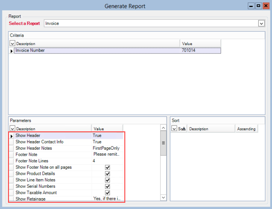 Generate Report window; shows the location of the Parameters pane.