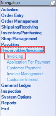 Enterprise navigation menu; shows the location of Receivables/Invoicing and Invoicing.
