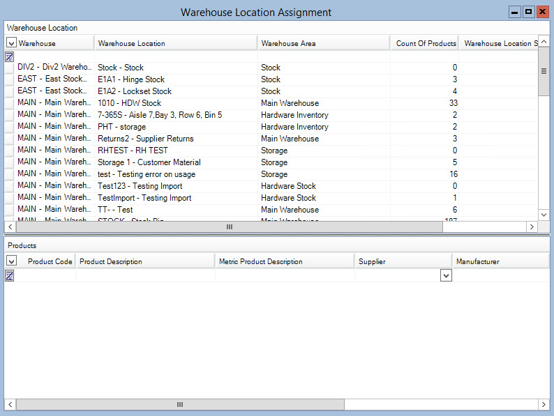 Warehouse Assignment Location window.