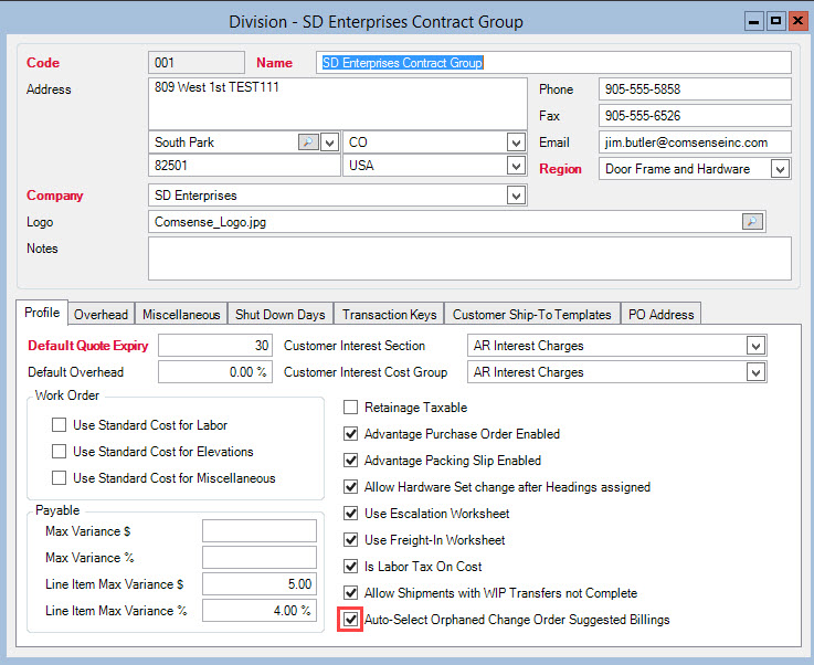 Division window; shows the location of the Auto-Select Orphaned Change Order Suggested Billings checkbox.