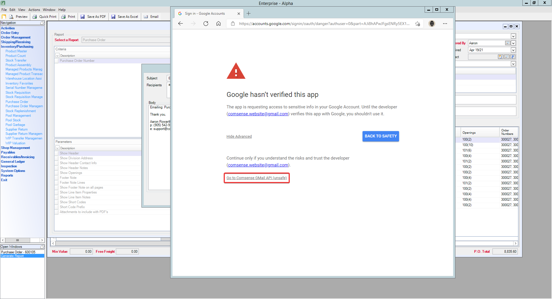 Sign in with Google window; Shows location of the Go to Comsense GMail API (unsafe) button.