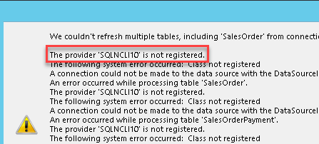 Comsense Error Message; shows the message 'The provider SQLNCLI11 is not registered.'