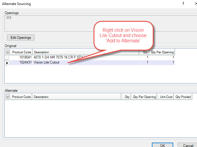 Alternate Sourcing window; shows a text bubble pointing to the work order line item that says 'Right click on Vision Lite Cutout and choose Add to Alternate.'