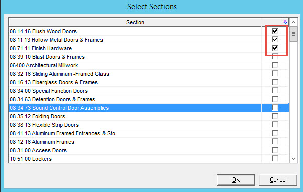 Select Sections window; shows location of checkboxes.