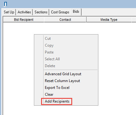 Bids tab; shows Add Recipients option in right-click menu.