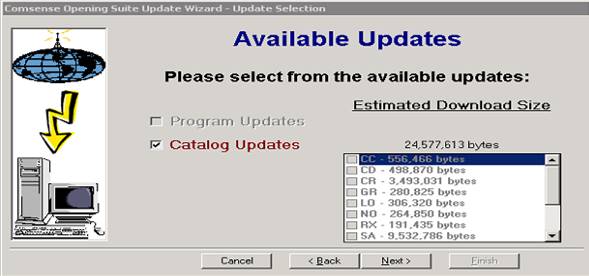 Comsense Opening Suite Update Wizard, Available Updates page.
