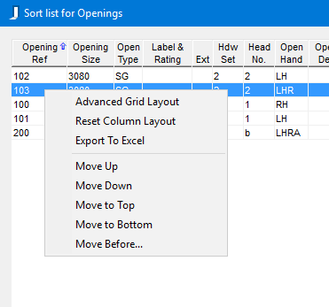 Sort list for Openings window; shows Opening right click menu.