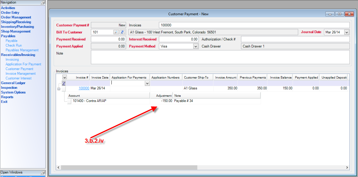 Customer Payment window; shows the adjustment line item with a negative adjustment value.