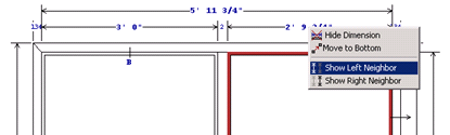 Elevation drawing example; shows the right-click menu of any dimensions and the location of Show Left Neighbor.