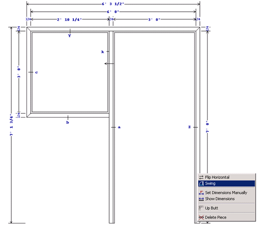 Elevation drawing example; shows the Jamb right-click menu and the location of Swing.