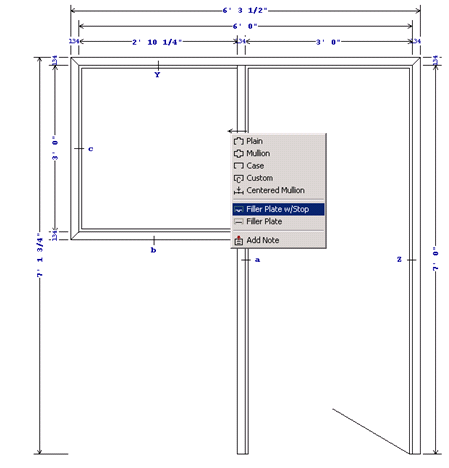 Elevation drawing example; shows filler plate right-click menu and the location of Filler Plate w/Stop.