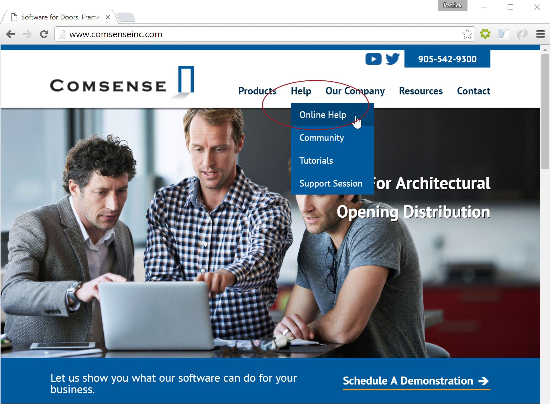 Comsense website; shows the Help drop-down and the location of Online Help.