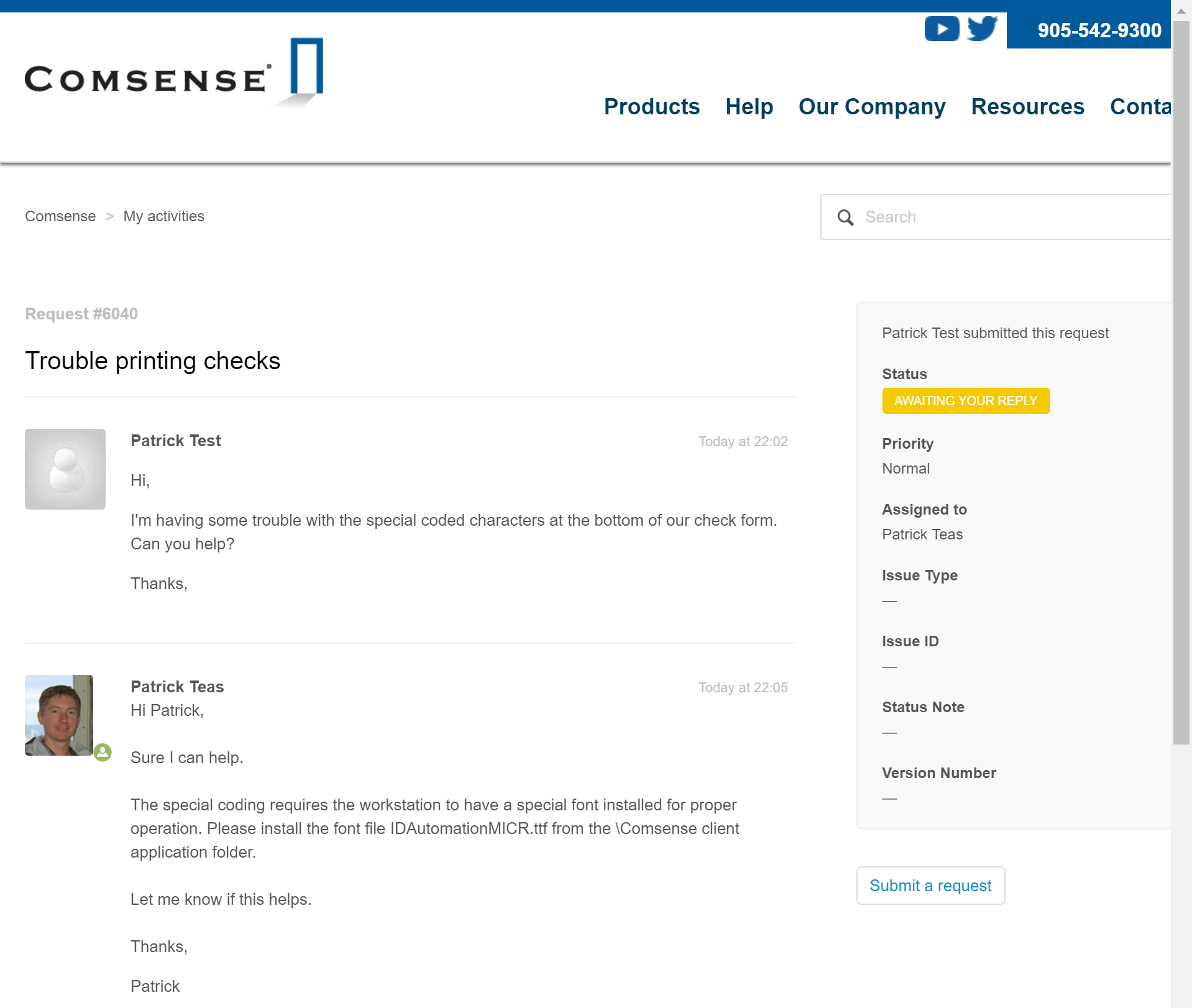 Comsense Help Center; shows an example of ticket details.