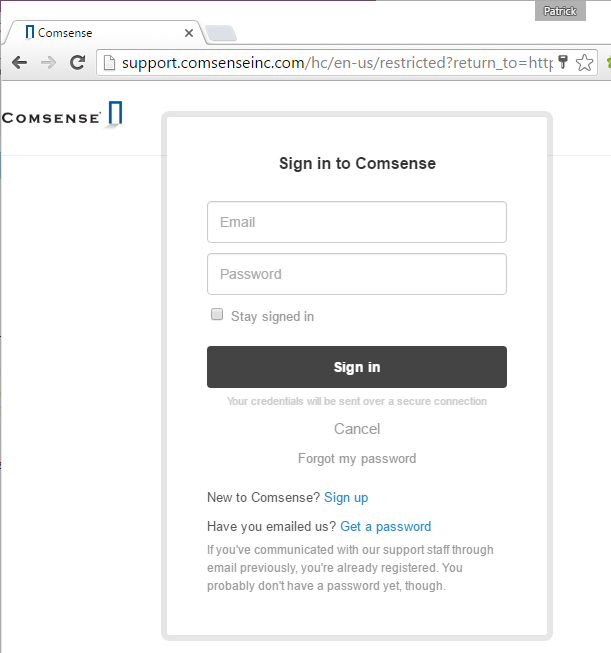 Web Browser; shows the Comsense Support login page.