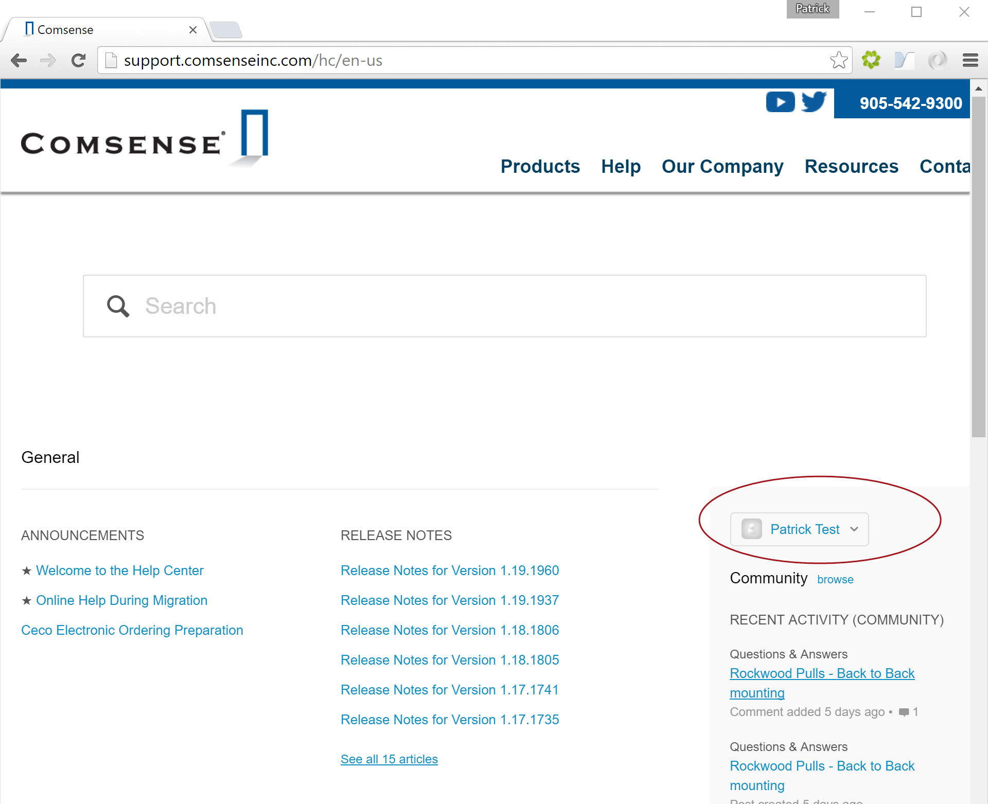 Comsense Help Center; shows the location of the user actions.
