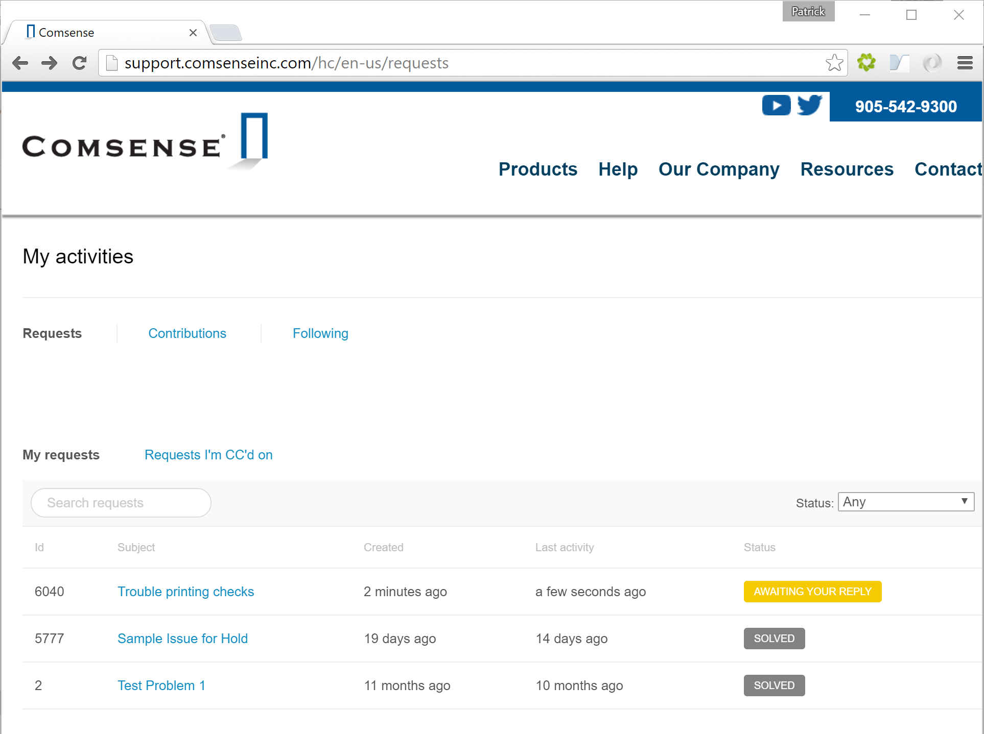 Comsense Help Center; shows the list of ticket requests.