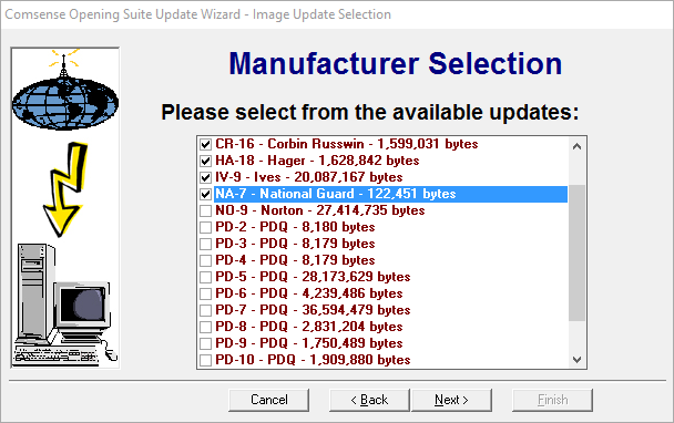 Comsense Opening Suite Update Wizard, Manufacturer Selection page.