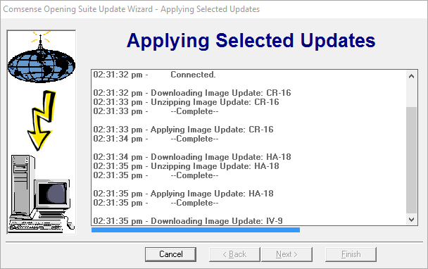 Comsense Opening Suite Update Wiard, Applyin Selected Updates page.